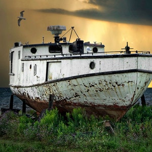 Rusted Fishing Boat Sunset Seascape Photography - Michigan Upper Peninsula image 1