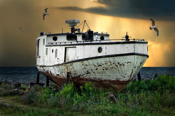 Rusted Fishing Boat Sunset Seascape Photography - Michigan Upper Peninsula