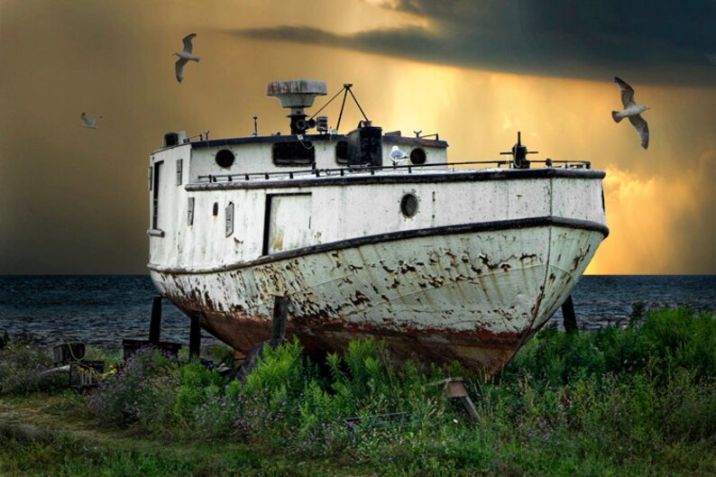 Rusted Fishing Boat Sunset Seascape Photography - Michigan Upper Peninsula image 1