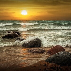 Lake Michigan Sunset Photograph: Sturgeon Bay Seascape, Rustic Cottage Decor image 3