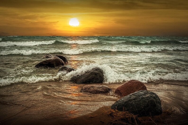Lake Michigan Sunset Photograph: Sturgeon Bay Seascape, Rustic Cottage Decor image 3