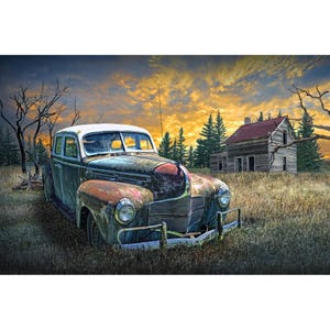 Abandoned Car Fine Art Photograph: Rustic Farmhouse Sunset