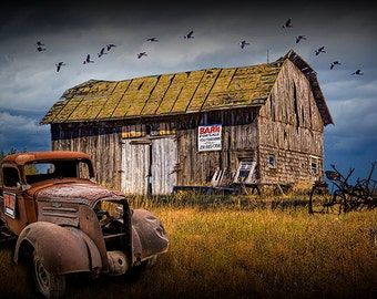 Old Vintage Truck by Wooden Barn for Sale in the country in the Upper Peninsula in Michigan No.09762 Color Fine Art Landscape Photography