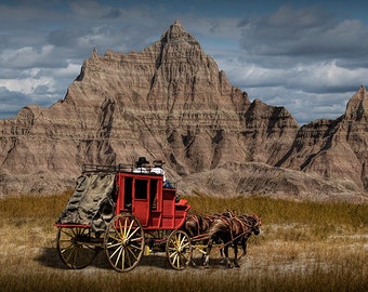 Western Stagecoach, Frontier Stagecoach, Horse Drawn, Wells Fargo, Badlands Landscape, South Dakota, Fine Art Wall Decor, Western Photograph