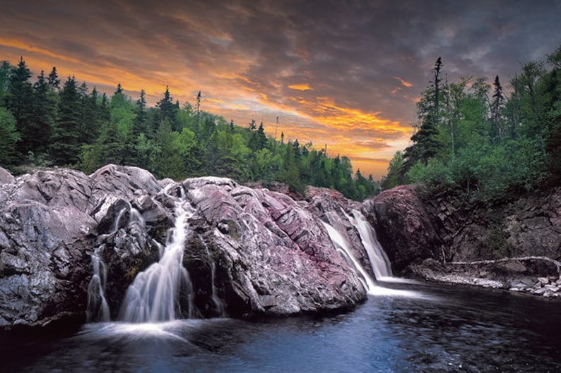 Waterfall Art, Aguasabon River, Canada Landscape, Terrace Bay, Great Lakes, Lake Superior, Wilderness, Sunset, Ontario, Waterfall Photograph image 1