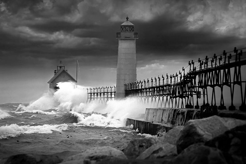 Rain Storm With High Wind at the Lighthouse Pier Head on Lake - Etsy
