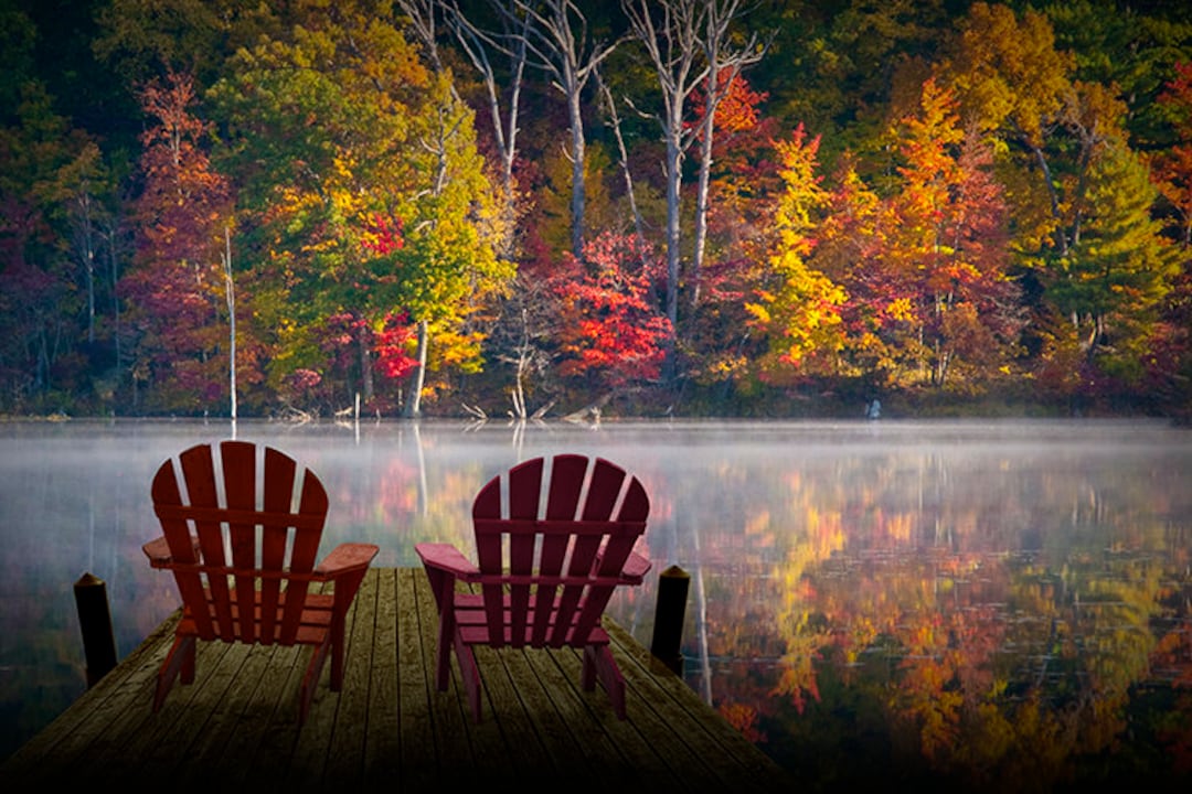 Adirondack Chairs Autumn Lake Landscape Art Print - Etsy