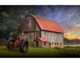 Sunset on a picturesque farm with Barn and Tractor in Rural America, Americana Landscape with Red Tractor, Flying Geese, Barn Art Decor,