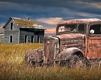 Abandoned Farm House and Rusty Pickup Truck on the Prairie with the Decline of the Small Farm No.7 a Fine Art Landscape Photograph