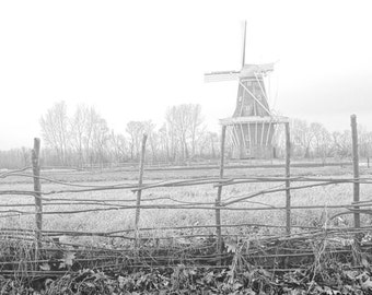 De Zwaan Dutch Windmill in the Fog in Late Fall by Holland Michigan, A Classic Black and White Fine Art Landscape Photograph