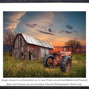 Sunset Farm Wall Art: Red Tractor, Weathered Barn Photograph image 2