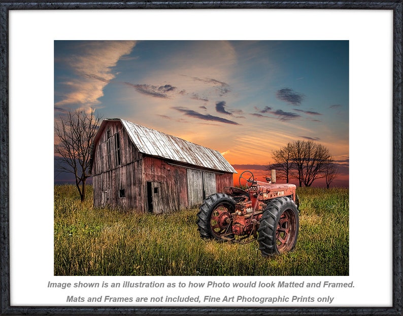 Sunset Farm Wall Art: Red Tractor, Weathered Barn Photograph image 2