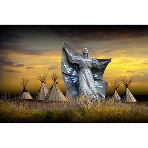 Sculpture Art called Dignity of Earth and Sky by the Missouri River near Chamberlain South Dakota, Indigenous Western Fine Art with Tepees image 1