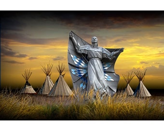 Sculpture Art called Dignity of Earth and Sky by the Missouri River near Chamberlain South Dakota, Indigenous Western Fine Art with Tepees