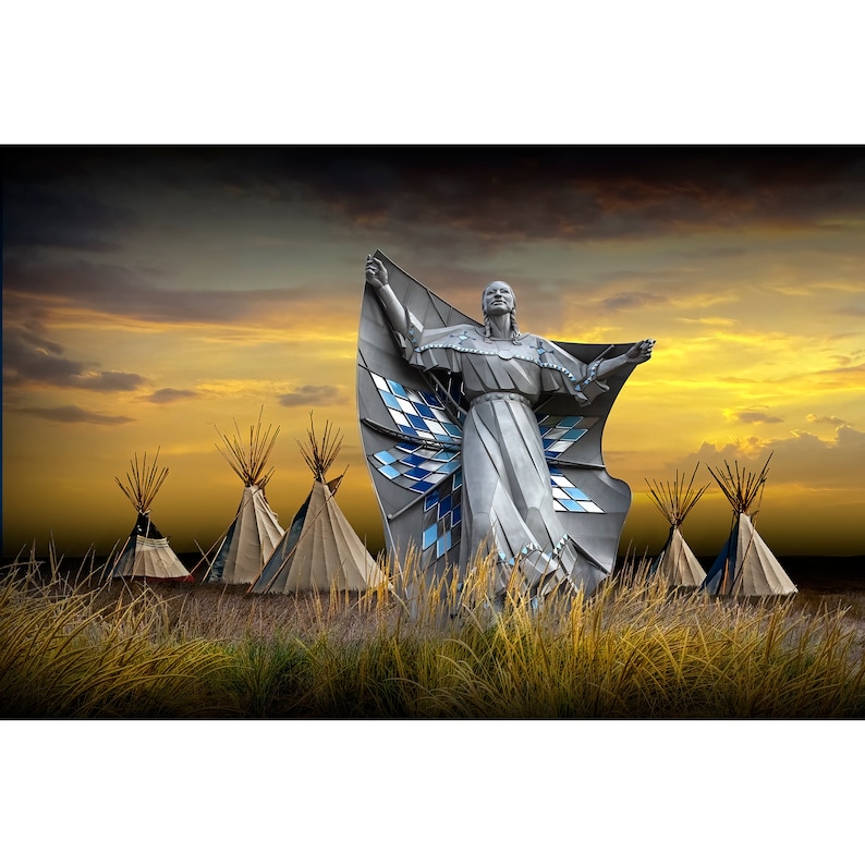 Sculpture Art called Dignity of Earth and Sky by the Missouri River near Chamberlain South Dakota, Indigenous Western Fine Art with Tepees image 1