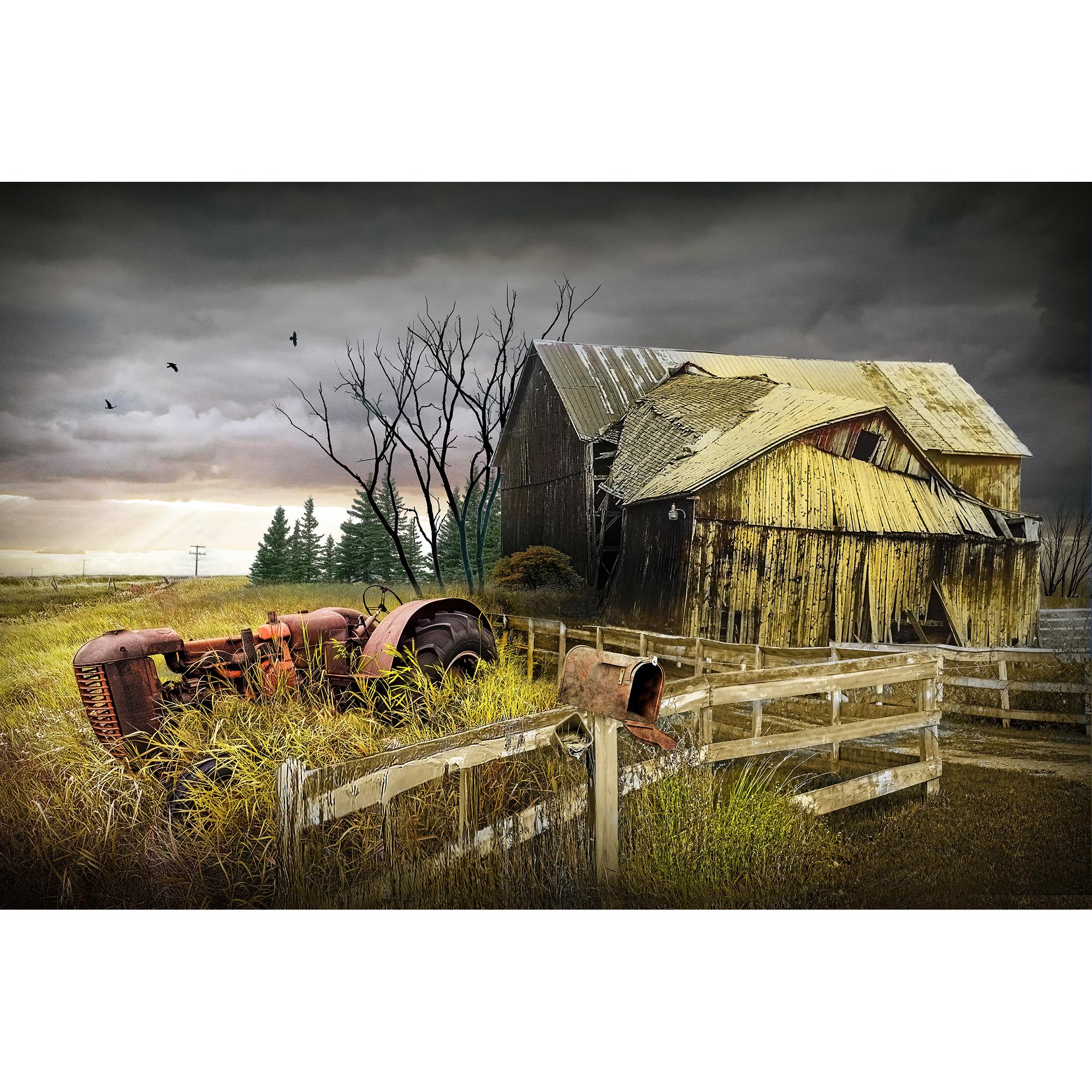 Abandoned Rustic Farm Landscape Art Print: Red Tractor, Weathered