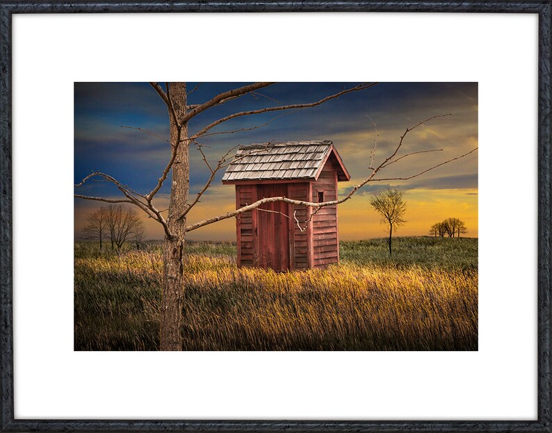 Vintage Red Outhouse Photograph: Southwest Michigan Rural Landscape Wall Art image 2
