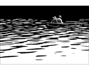 Black and White Photograph of Row Boat and couple on Lake in the Style of a Woodcut, Boat Fine Art Photograph, Home Wall Decor, Nautical Art