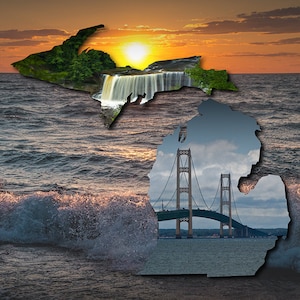 State of Michigan Map with the Tahquamenon Falls and Mackinaw Bridge against a Lake Michigan Sunset Vol 1 a Fine Art Landscape Photograph