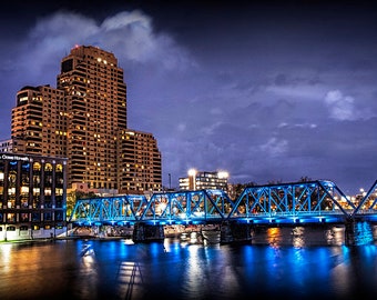 City Skyline, Blue Bridge, Night Lights, Night Photography, Grand River, Grand Rapids, Michigan, City Downtown, Urban Landscape, Cityscape