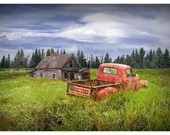 Red Pickup Truck in  Rustic Landscape with Farm House, Abandoned Farm with Rusted Truck, Old Forlorn Homestead, Rural Landscape, Auto Photo