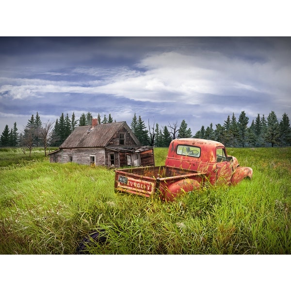 Red Pickup Truck in  Rustic Landscape with Farm House, Abandoned Farm with Rusted Truck, Old Forlorn Homestead, Rural Landscape, Auto Photo