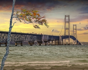 Mackinac Bridge at the Straits of Mackinac by Mackinaw City Michigan during Autumn, Lake Michigan, Lake Huron, Historic Michigan Landscape