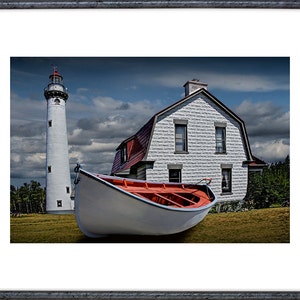 New Presque Isle Light Station with White Boat in Northern Michigan near Grand Lake on Lake Huron No.0389 Lighthouse Seascape Photography image 2