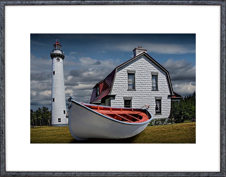 New Presque Isle Light Station with White Boat in Northern Michigan near Grand Lake on Lake Huron No.0389 Lighthouse Seascape Photography image 2