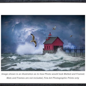 Lightning Thunder Storm on the Great Lakes by Red Lighthouse, Great Seascape Wall Decor Photo with Storm Waves, Nautical Seascape Art Print image 3