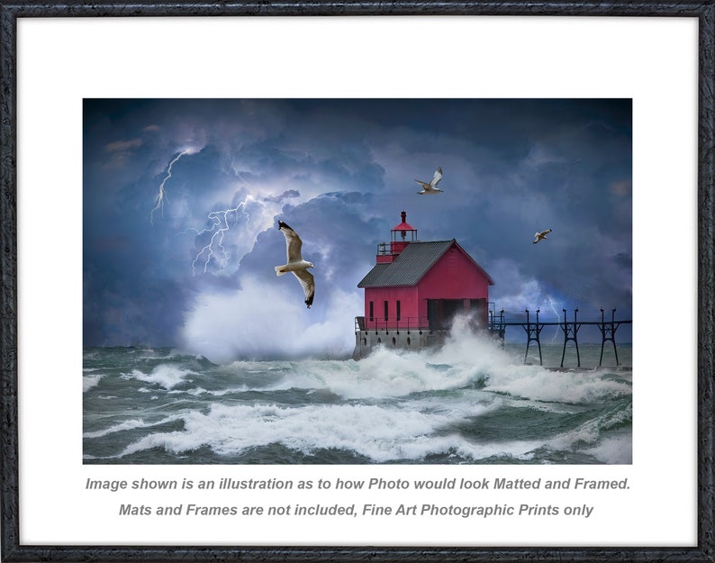 Lightning Thunder Storm on the Great Lakes by Red Lighthouse, Great Seascape Wall Decor Photo with Storm Waves, Nautical Seascape Art Print image 3