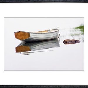 Row Boat, Wooden Boat, White Maine Dory, Foggy Morning, Mt. Desert Narrows, Mount Desert Island, Nautical Seascape, Maine Photograph image 2