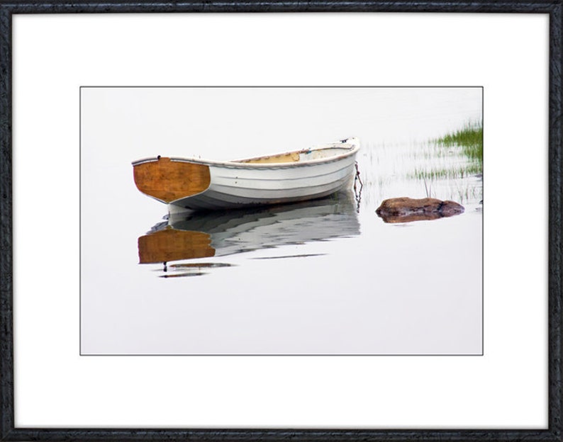 Row Boat, Wooden Boat, White Maine Dory, Foggy Morning, Mt. Desert Narrows, Mount Desert Island, Nautical Seascape, Maine Photograph image 2