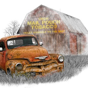 Digital Art with Red Pickup Truck and Barn with Mail Pouch Tobacco Sign, Americana Landscape with Abandoned Truck and Red Barn, Wall Art