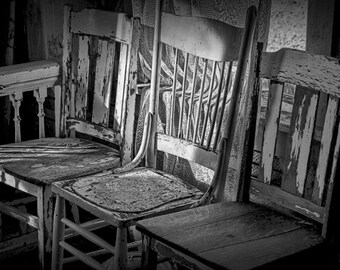 Wooden Chair Photography, Classic Black and White Photo, Window Lighting, 1880 Town Museum, South Dakota, Fine Art Photograph, Wall Decor