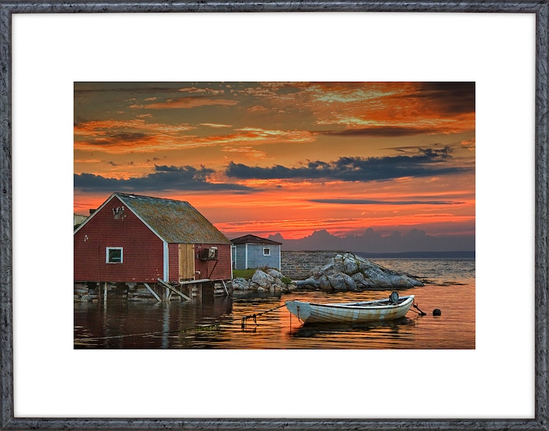 Peggy's Cove Harbor in Nova Scotia Canada, Last Light with Red Sunset, Fishing Harbor, near Halifax Canada Seascape, Boat Photography image 2