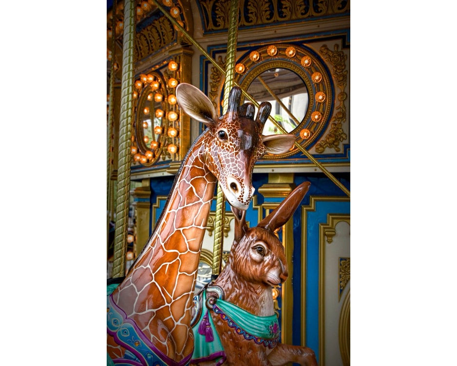 Carousel Giraffe & Rabbit Art Print: Nursery Wall Decor