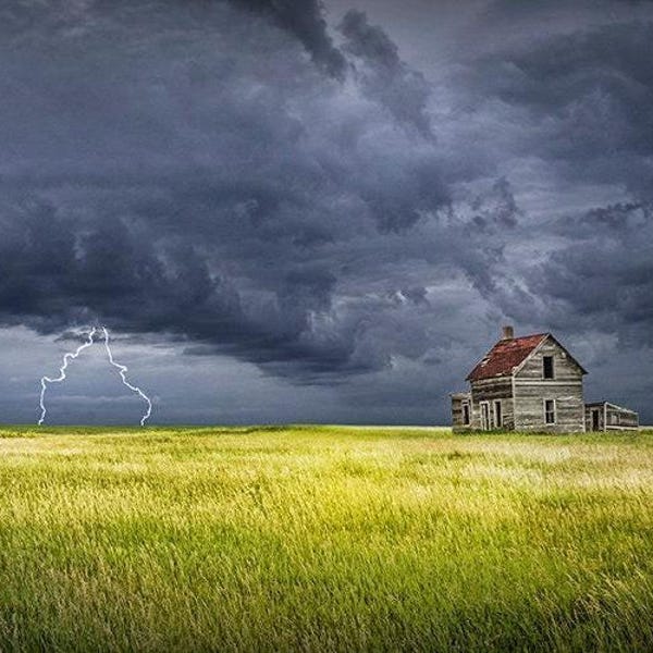 Prairie Storm Photography Print: Lightning Over Abandoned Farmhouse