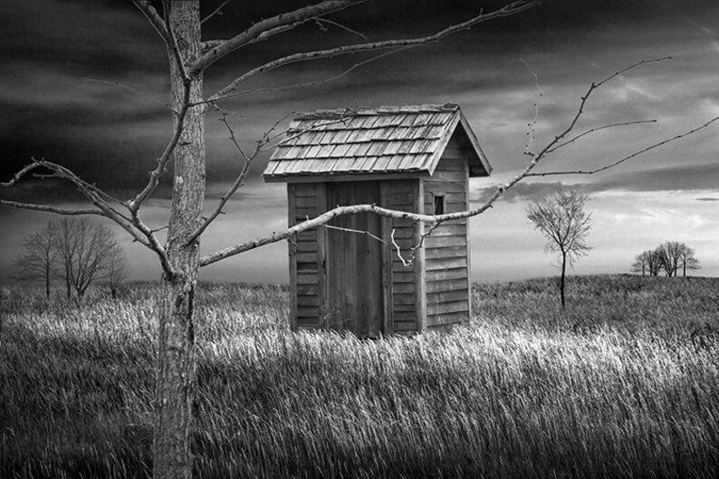 Vintage Red Outhouse Photograph: Southwest Michigan Rural Landscape Wall Art Black and White