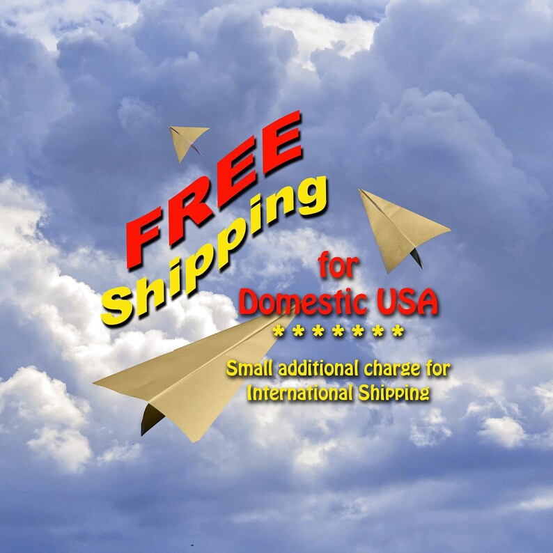 a paper airplane flying in the sky with the words free shipping for domestic usa