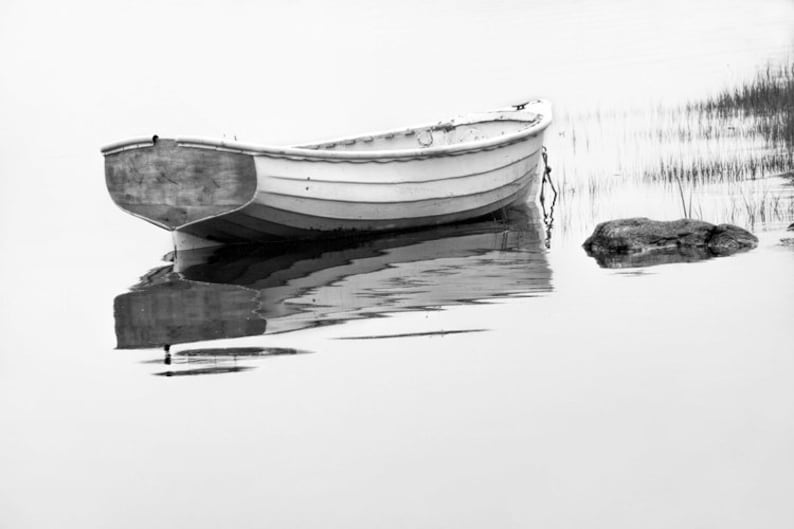 Row Boat, Wooden Boat, White Maine Dory, Foggy Morning, Mt. Desert Narrows, Mount Desert Island, Nautical Seascape, Maine Photograph image 7