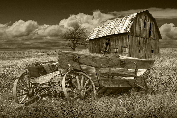Rustic Farm Landscape Photograph: Broken Down Wagon, Old Barn