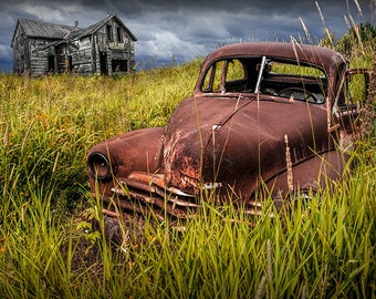 Abandoned Rusty Car and Farm Homestead in Ontario Canada, A Fine Art Automobile Landscape Photograph, Giclée and Canvas Prints Available