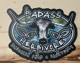 Vinyl Sticker, Magzalea Farm & Sanctuary, Badass Herbivore, Vegan, Longhorn Cow, waterproof