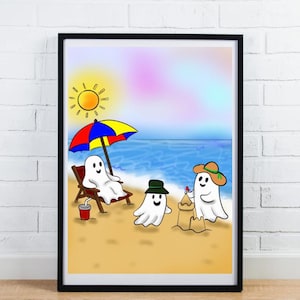 Halloween Summer Wall Art | Summerween Ghosts Print | Cute Ghost Décor | Beach Theme Halloween Decor | Artwork