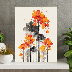 Japanese Forest Wall Art, Japandi Ink Wash Trees Canvas, Abstract Autumn Landscape Print, Asian Minimalist Wall Decor