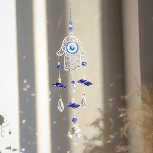 Suncatcher, Amethyst Light Catcher, Hamsa, Suncatcher, Home Decor, Friendship Gift, Evil Eye, Wall Hanging, Prism Sun Catcher, Protection