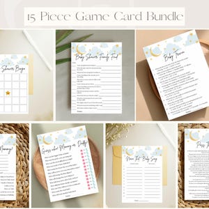 Lot de modèles de cartes de jeu baby shower sur la lune | Jeux de baby shower | Prédictions bébé | Traditions familiales | Bingo | Téléchargement instantané