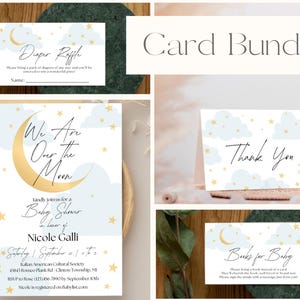 May include: A card bundle with a baby shower theme. The cards feature a gold crescent moon, stars, and clouds. The text on the cards includes "Diaper Raffle", "We Are Over The Moon", "Thank You", and "Books for Baby".