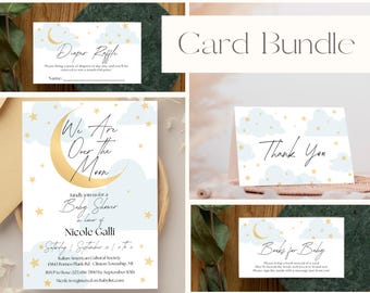 May include: A card bundle with a baby shower theme. The cards feature a gold crescent moon, stars, and clouds. The text on the cards includes "Diaper Raffle", "We Are Over The Moon", "Thank You", and "Books for Baby".